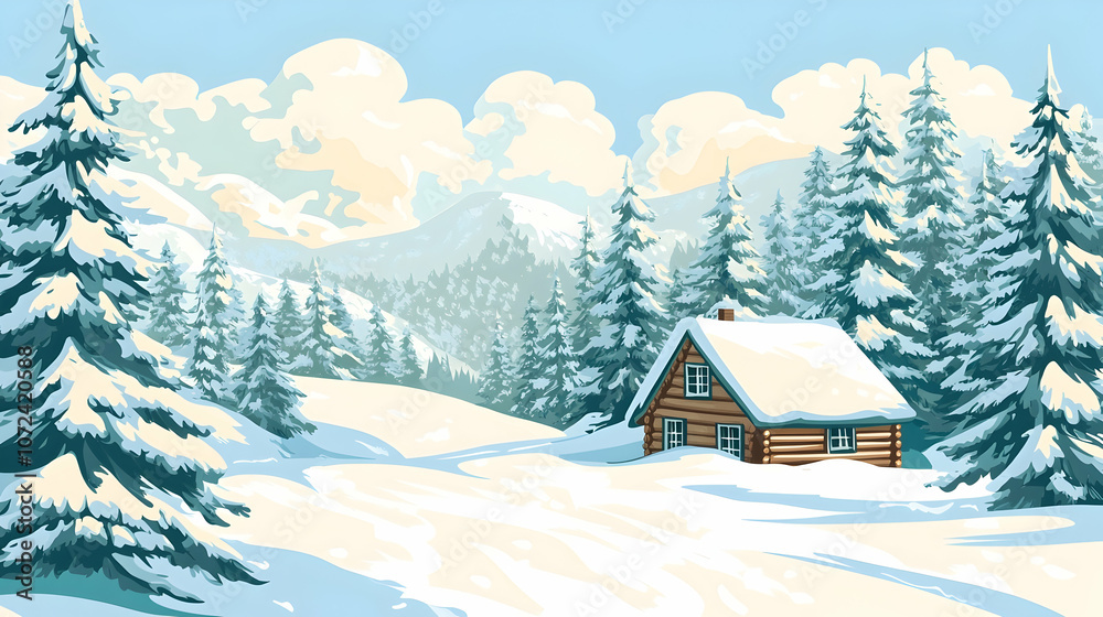 Fototapeta premium A cozy wooden cabin nestled amidst a snowy mountain forest under a bright blue sky.