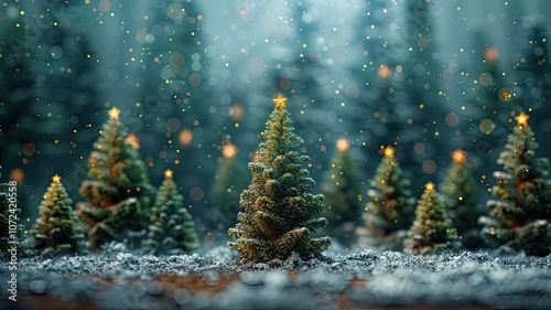 abstract christmas trees in a fairy forest with lights, New Year card or advertisement, copy space
