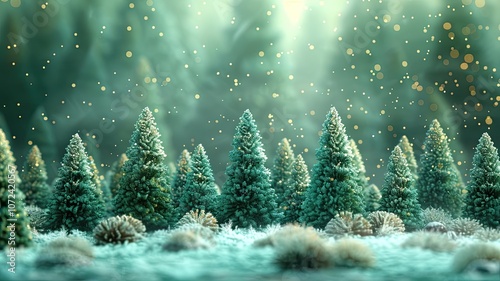 abstract christmas trees in a fairy forest with lights, New Year card or advertisement, copy space
