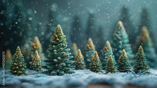 abstract christmas trees in a fairy forest with lights, New Year card or advertisement, copy space
