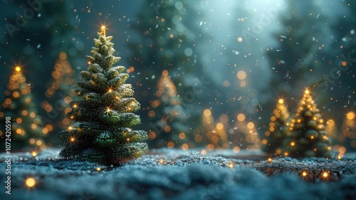 abstract christmas trees in a fairy forest with lights, New Year card or advertisement, copy space
