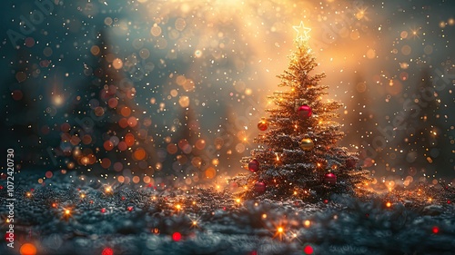 abstract christmas tree in fairy forest with garland, decorated with red balls, copy space