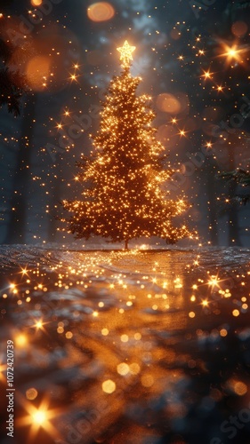 abstract christmas tree in a fairy forest with lights, vertical