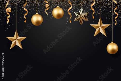 Happy New Year and Merry Christmas Golden Christmas tree decorations on a dark background, balls, stars and snowflakes. Golden confetti
