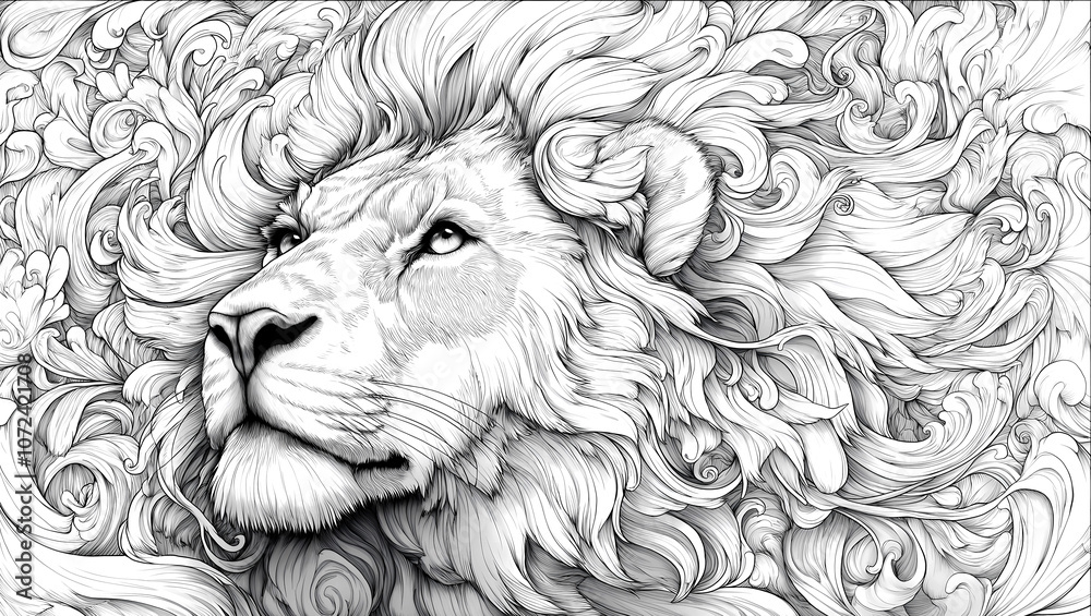 majestic lion with intricate flowing mane details, showcasing strength and elegance in black and white line art style. design captures essence of wild beauty and grace