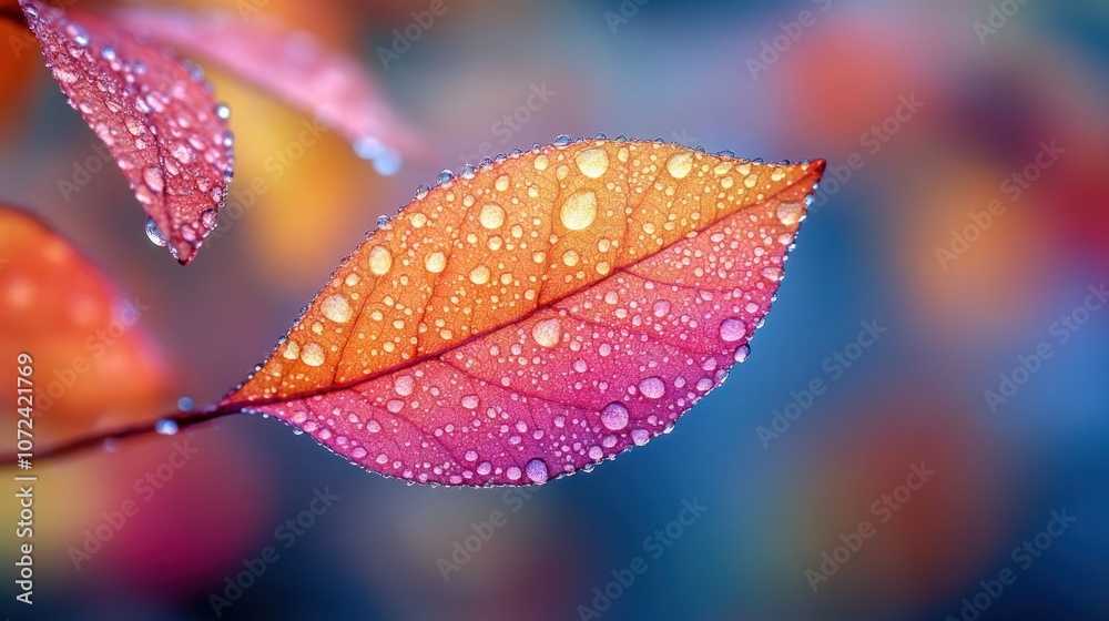 A close-up of a colorful leaf with water droplets. A close-up of a colorful leaf with water droplets.