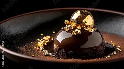 Decadent chocolate mousse, glossy glaze, gold leaf, and a golden sphere. Exquisite dessert! photo