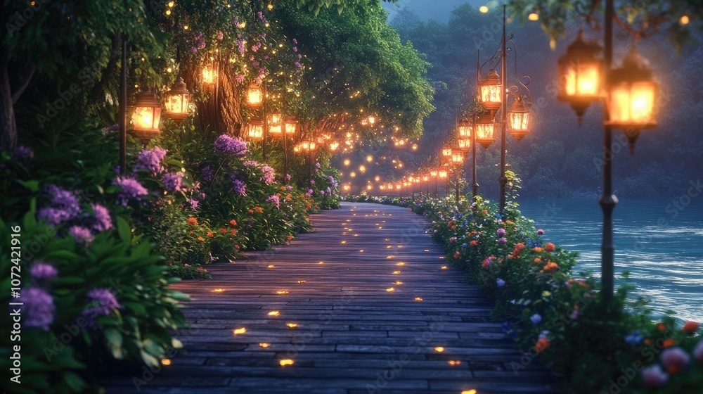 Fototapeta premium A beautifully lit pathway leading to the river, lined with lamps and flowers, inviting tranquility and devotion.