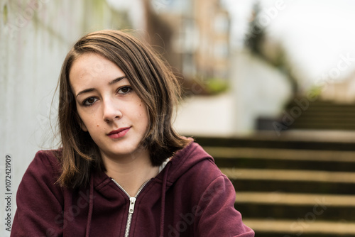 Outdoor portrait of a white 17 yo girl in Molenbeek, Brussels, Belgium