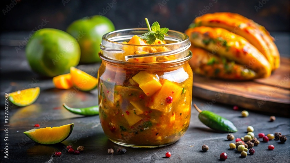 Homemade mango pickle in a glass jar with a mango Homemade mango pickle in a glass jar with a mango