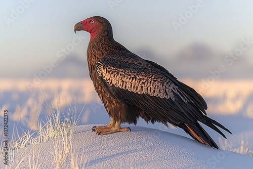 Majestic vulture perched on snowy landscape at sunrise photo