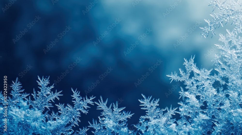 Close-up of intricate ice crystals and snowflakes on a cold blue background, delicate winter frost macro with detailed frozen patterns Close-up of intricate ice crystals and snowflakes on a cold blue background, delicate winter frost macro with detailed frozen patterns