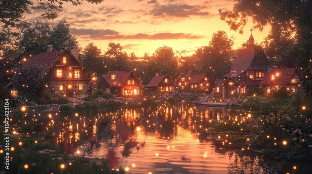 Obraz premium A charming cartoon village at sunset, with cozy cottages and twinkling lights reflecting off a peaceful pond,