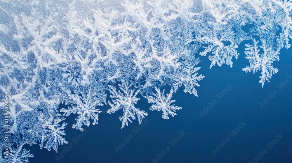 Close-up of intricate ice crystals and snowflakes on a cold blue background, delicate winter frost macro with detailed frozen patterns Close-up of intricate ice crystals and snowflakes on a cold blue background, delicate winter frost macro with detailed frozen patterns