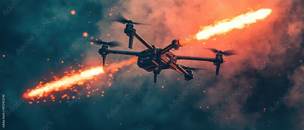 Drone with fire trails flying through the night sky. Drone with fire trails flying through the night sky.