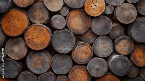 Stack of aged firewood logs with visible growth rings and weathered textures