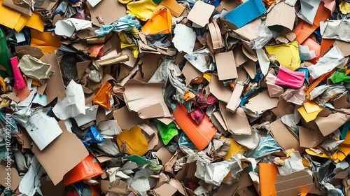 Close-up of mixed cardboard and paper waste in recycling pile. Texture background 