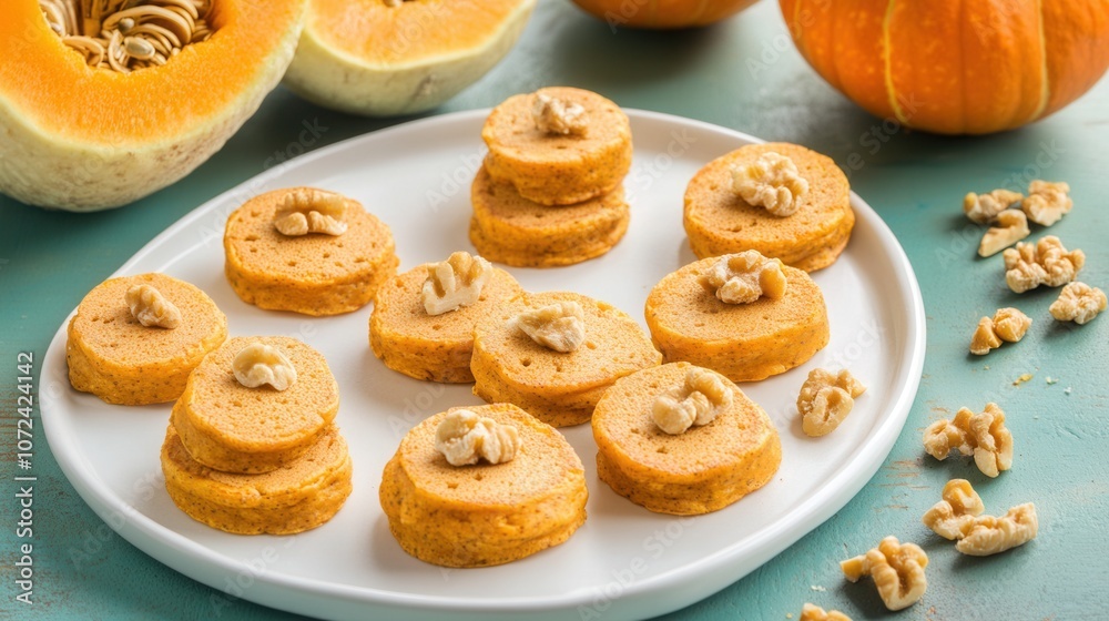 Delectable pumpkin cookies with walnut toppings on white plate Delectable pumpkin cookies with walnut toppings on white plate