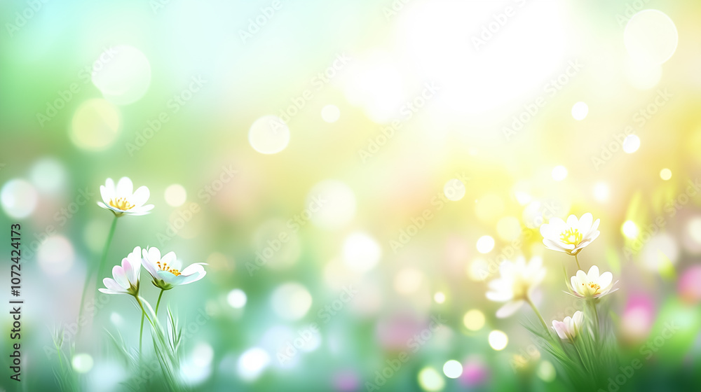 Obraz premium Soft white flowers bloom in a tranquil field illuminated by warm sunlight, creating a peaceful spring ambiance