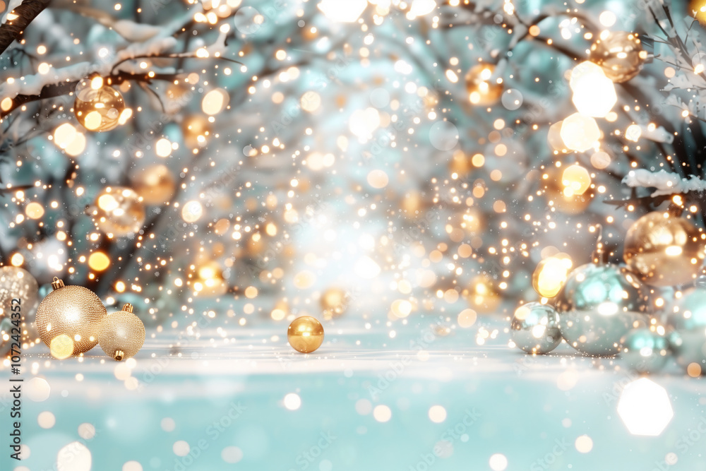 Christmas blue background with bokeh effects, decorated with gold Christmas ornaments, filled with warm golden and cool blue twinkling lights, giving a dreamy appearance of falling snow Christmas blue background with bokeh effects, decorated with gold Christmas ornaments, filled with warm golden and cool blue twinkling lights, giving a dreamy appearance of falling snow