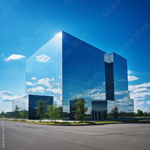 large glass building, high quality image, symmetrical balance, cubism, shiny reflective surfaces, business environment