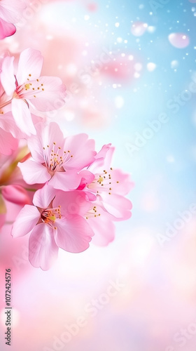 Cherry blossoms gently open in spring, showcasing their beauty against a serene blue backdrop, enhancing nature's charm