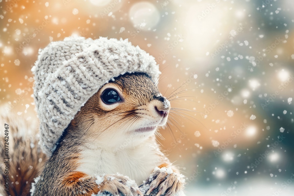 Obraz premium Whimsical Squirrel in Knitted Hat on Snowy Wonderland. Cute Holiday Greeting Card with Copy Space