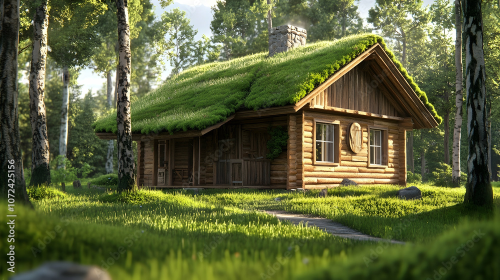 A cozy wooden cabin with a grass roof sits nestled in a forest clearing, sunlight streaming through the trees. A cozy wooden cabin with a grass roof sits nestled in a forest clearing, sunlight streaming through the trees.