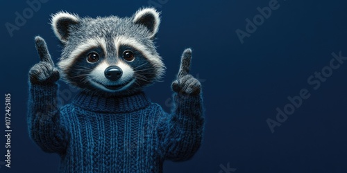 Cute Plush Bear with Index Finger Up in Cool Carton Style on Dark Blue Background