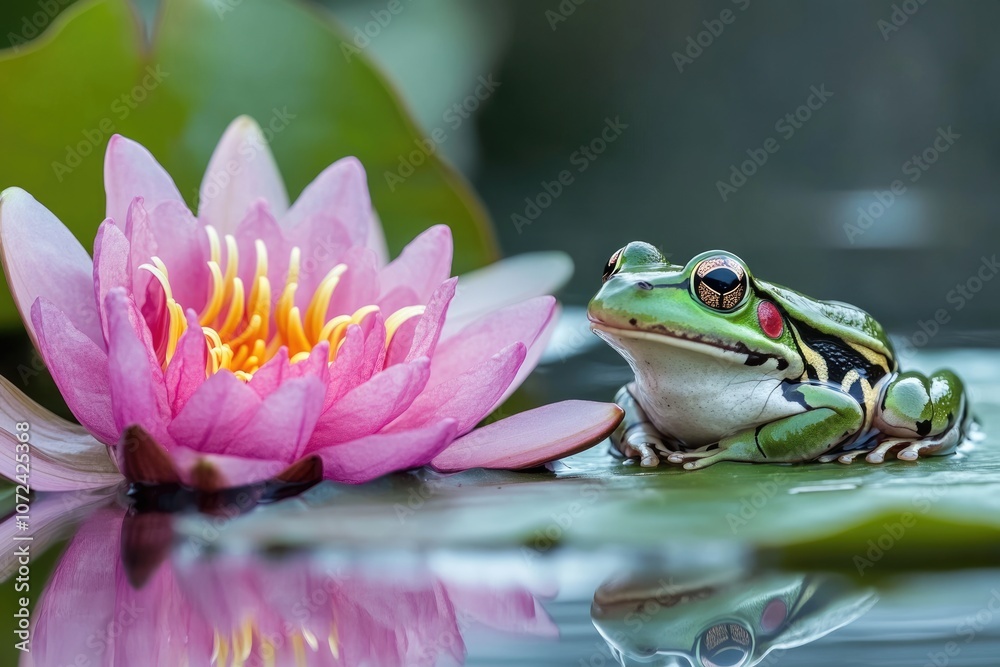 Green Frog Resting on Lily Pad in Tranquil Pond Habitat Green Frog Resting on Lily Pad in Tranquil Pond Habitat