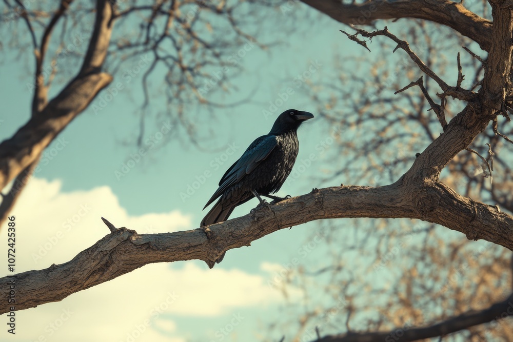 Namibian Desert Crow: Solitary Predator Perched on Stark Tree Branch Namibian Desert Crow: Solitary Predator Perched on Stark Tree Branch