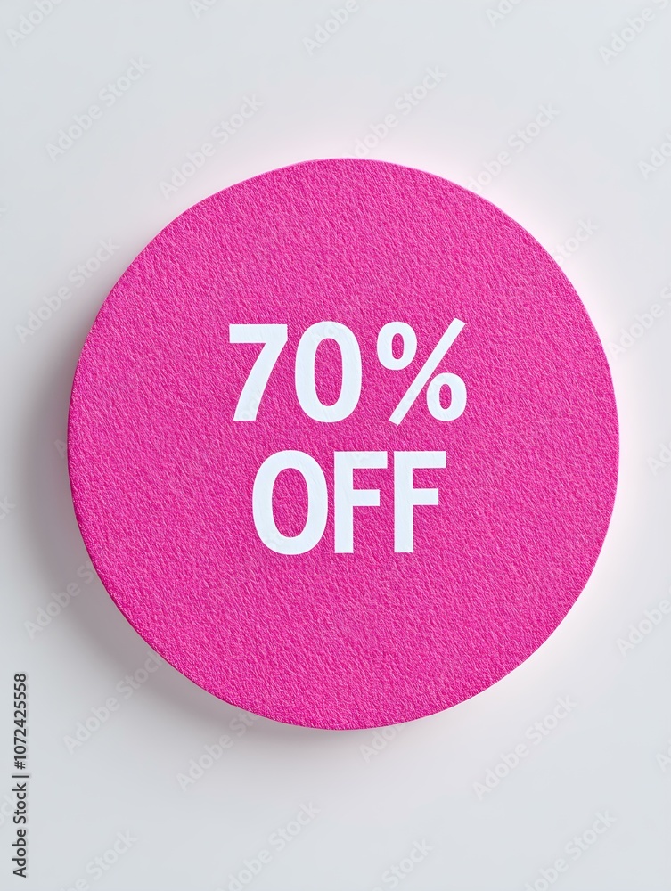 White '70% OFF' Text on a Pink Round Paper Note. White Background White '70% OFF' Text on a Pink Round Paper Note. White Background