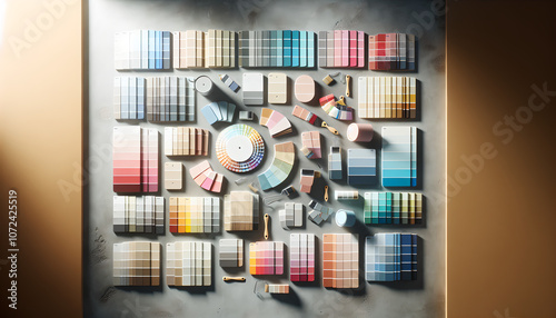 Flat Lay of Paint Samples on Smooth Concrete Wall Background
