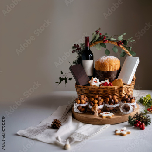 Beautifully arranged holiday gift basket with desserts. Holiday gift photo shoot with natural earth tones.