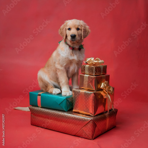 A cute photo of a cute golden retriever puppy with festive collar. The dog is sitting on a stack of Christmas gift boxes with gold ribbons. Red festive background.