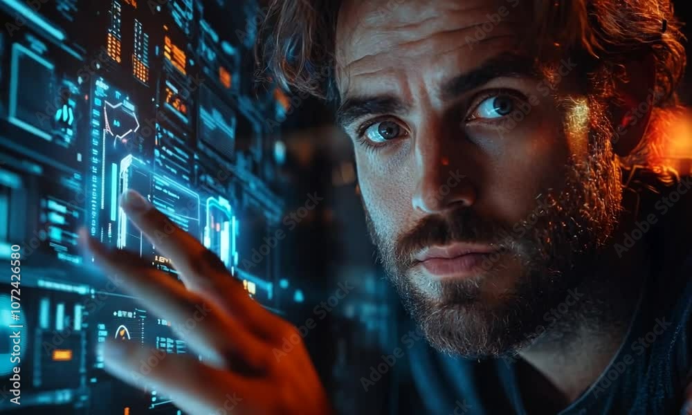 A man interacts with a futuristic digital interface.