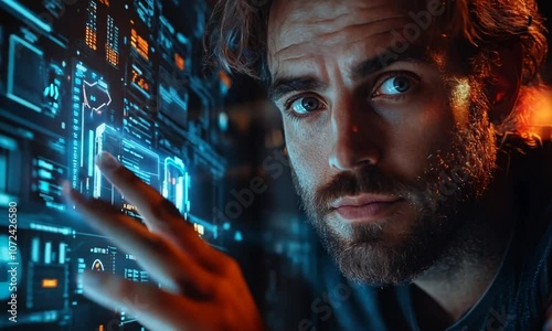 A man interacts with a futuristic digital interface.