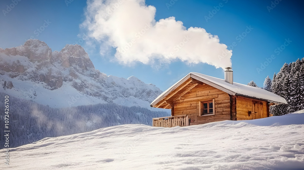A cozy wooden cabin with smoke rising from its chimney sits on a snowy hillside with a mountain range in the background under a bright blue sky. A cozy wooden cabin with smoke rising from its chimney sits on a snowy hillside with a mountain range in the background under a bright blue sky.