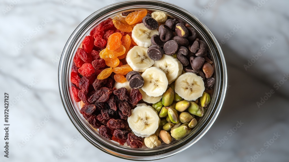 Colorful fruit and nut bowl with bananas, raisins, chocolate, and pistachios on marble Colorful fruit and nut bowl with bananas, raisins, chocolate, and pistachios on marble