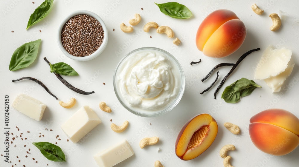 Fresh ingredients for a healthy lifestyle: yogurt, peaches, nuts, and natural additions Fresh ingredients for a healthy lifestyle: yogurt, peaches, nuts, and natural additions