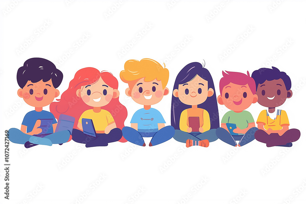 Six children of different backgrounds happily use their smartphones and tablets while sitting together Six children of different backgrounds happily use their smartphones and tablets while sitting together