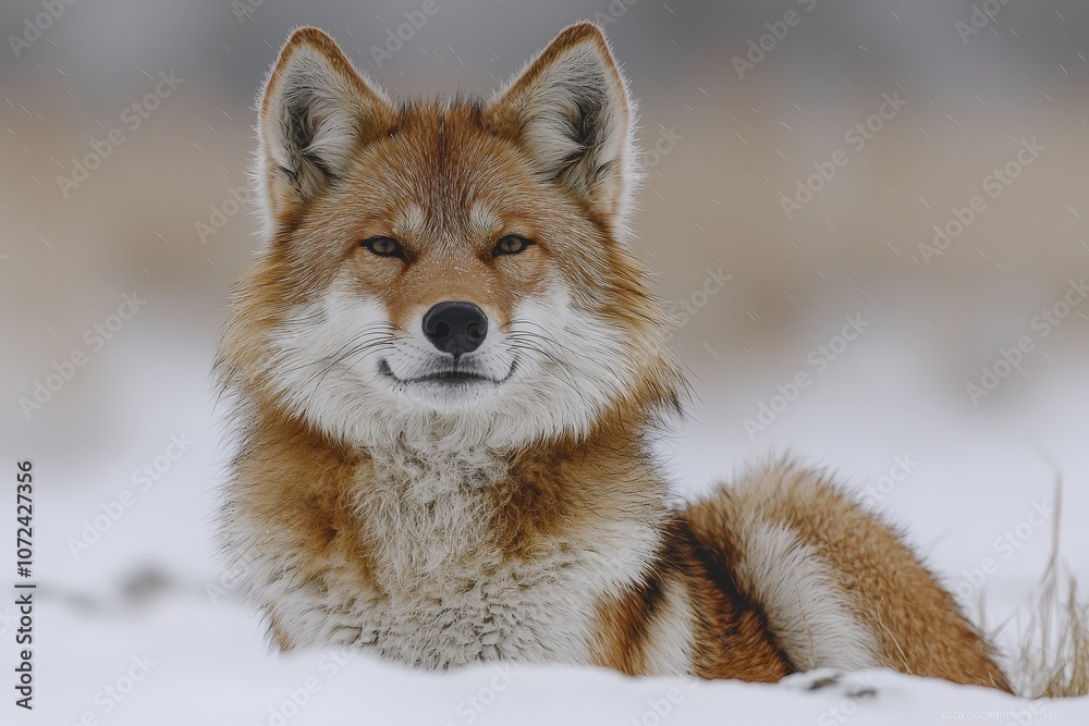 Majestic fox resting in snowy landscape with soft winter light Majestic fox resting in snowy landscape with soft winter light