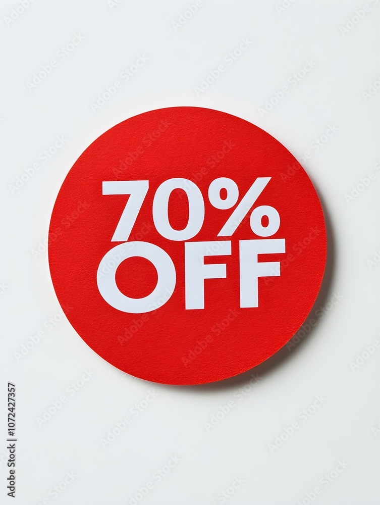 White '70% OFF' Text on a Red Round Paper Note. White Background White '70% OFF' Text on a Red Round Paper Note. White Background