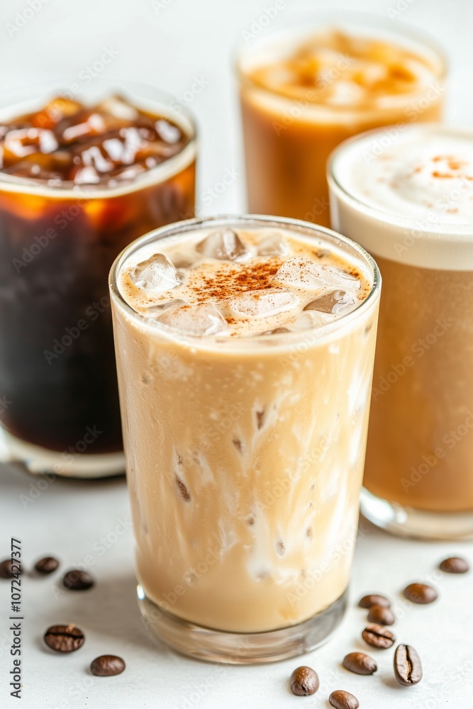 Refreshing iced coffee drinks with creamy variations and coffee beans on table