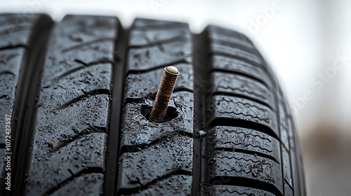 Wallpaper Mural Close-Up of Car Tire with Embedded Nail on Minimalist Background Torontodigital.ca
