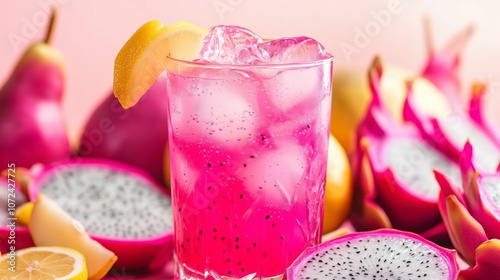 Refreshing dragon fruit and citrus iced drink with a splash of lemon