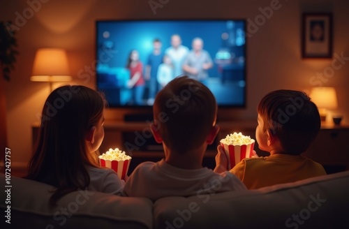 Cute little toddler girl and school kid boy watching animal movie or movie on tv. Happy healthy children, siblings during coronavirus quarantine staying at home. Brother and sister together. no face