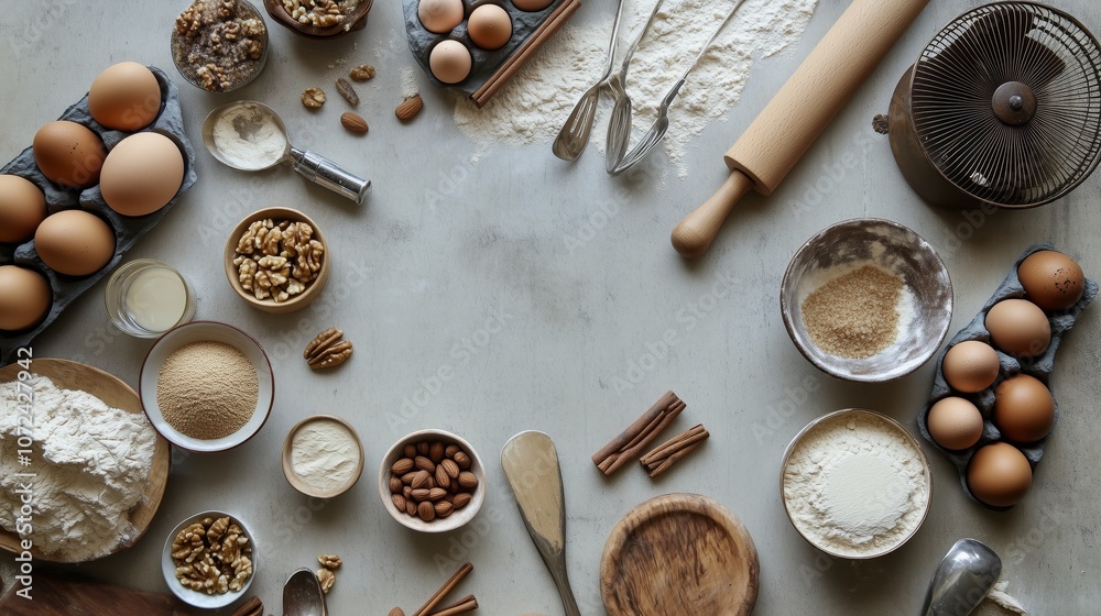 Baking essentials: eggs, flour, nuts, and tools on rustic kitchen table Baking essentials: eggs, flour, nuts, and tools on rustic kitchen table