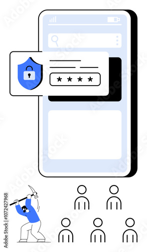 Large smartphone display security shield with padlock, password field, hacker figure, and five user icons. Ideal for cybersecurity, mobile protection, data safety, anti-hacking, user privacy, online photo