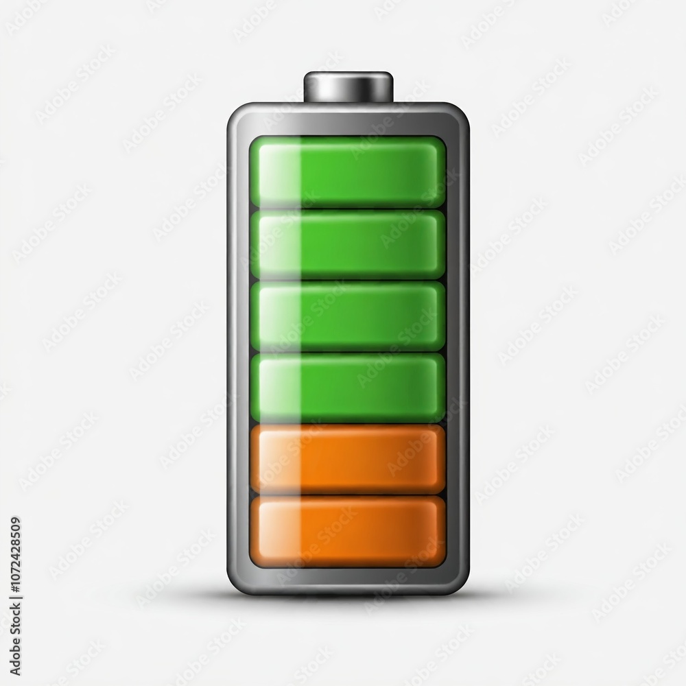 3D Battery Icon Half-Filled with Green Charge Symbol, Featuring Glossy Metallic Finish and Clear Energy Level Divisions, Rounded Edges, and Subtle Shadow on White Background 3D Battery Icon Half-Filled with Green Charge Symbol, Featuring Glossy Metallic Finish and Clear Energy Level Divisions, Rounded Edges, and Subtle Shadow on White Background